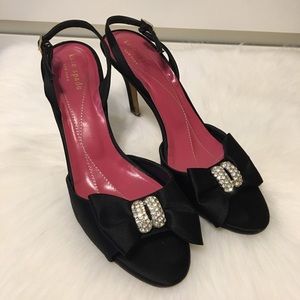Kate Spade Black Satin Slingback Jewel Bow Heels